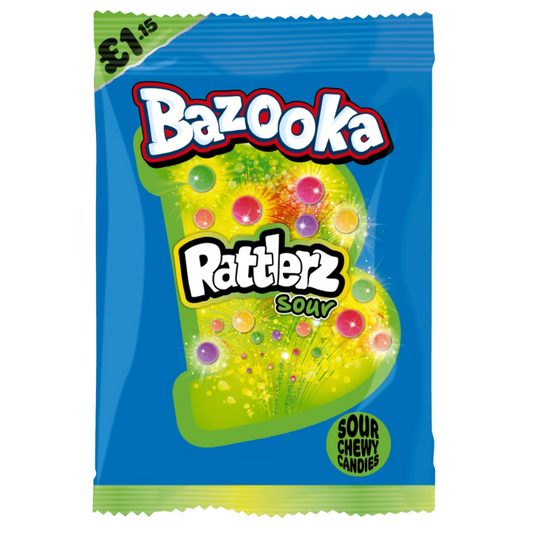 Bazooka Rattlerz Sour Chew Candy 100g Verpackung
Bazooka Rattlerz Sour Chew Candy amerikanische Kaubonbons
Bazooka Rattlerz Sour Candy fruchtige Kaubonbons Nahaufnahme
Bazooka Rattlerz Sour Chew Candy USA Import Süßigkeiten
Bazooka Rattlerz Sour Chewy Candy 100g Produktbild