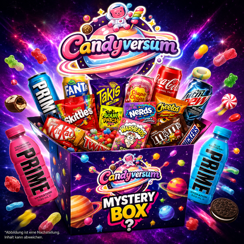 Candyversum Mystery Box mit internationalen Süßigkeiten, Snacks und Getränken. Bunte Überraschungsbox mit Takis, Nerds, Skittles, Prime und weiteren Trendprodukten im Weltraum-Design.