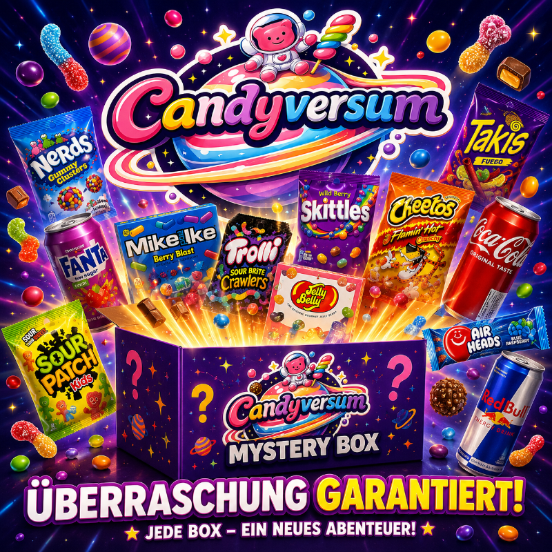 Candyversum Mystery Box mit Süßigkeiten, Snacks und Getränken vor Galaxy-Hintergrund – Überraschungsbox mit buntem Inhalt und Candy-Auswahl.