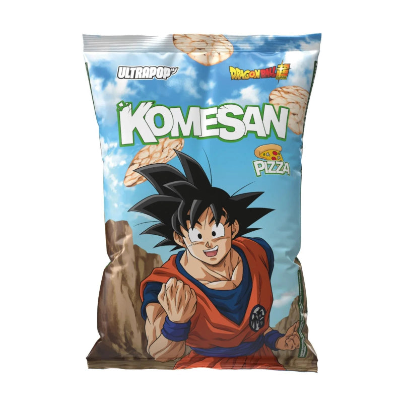 Chips Komesan Ultra Pop Pizza Flavour Brown Rice Chips Goku 60g in auffälliger Verpackung mit Anime-Design