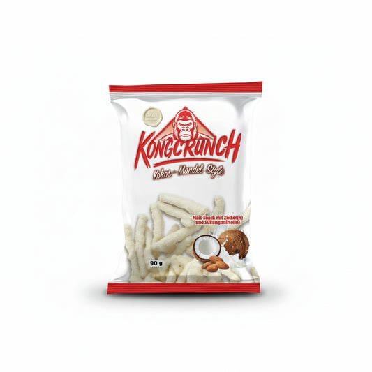 Kongcrunch Kokos-Mandel Style Beutel 90g Verpackung Vorderseite
Kongcrunch Kokos Mandel Style knuspriger Snack 90g
Kongcrunch Kokos Mandel Style Crunch Snack Nahaufnahme
Kongcrunch Kokos Mandel Snack 90g Produktbild