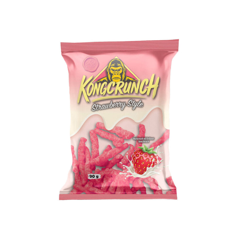 Kongcrunch Strawberry Style Beutel 90g Verpackung Vorderseite
Kongcrunch Strawberry Style knuspriger Erdbeer Snack 90g
Kongcrunch Strawberry Style Crunch Snack Nahaufnahme
Kongcrunch Strawberry Style Knabbersnack 90g Produktbild