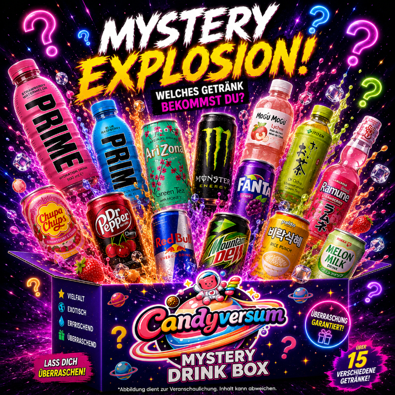 Mystery Drink Box von Candyversum mit exotischen Getränken aus Asien, Amerika und Europa im auffälligen Überraschungsdesign.