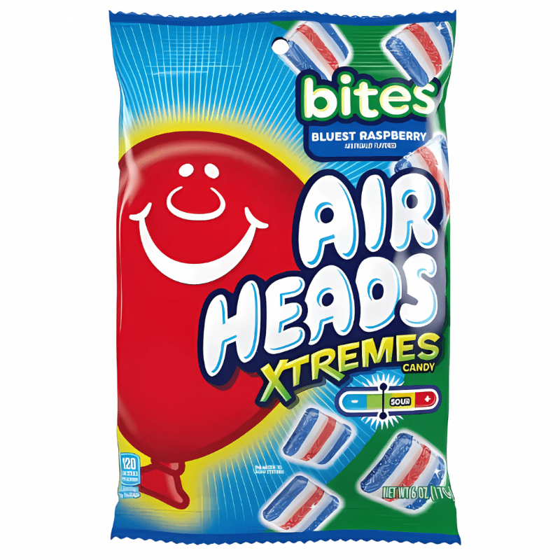 Airheads Extreme Bites Blue Raspberry Peg Bag 170g Verpackung

Airheads Extreme Bites Blue Raspberry saure Fruchtgummis USA

Airheads Extreme Bites Blue Raspberry Candy 170g Nahaufnahme

Airheads Extreme Bites Blue Raspberry Peg Bag amerikanische Süßigkeiten

Airheads Extreme Bites Blue Raspberry sour candy pieces USA