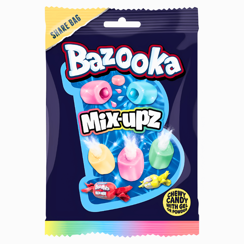 Bazooka Mix-Upz Share Bags 140g Verpackung

Bazooka Mix-Upz Kaubonbon Mix amerikanische Süßigkeiten

Bazooka Mix-Upz Share Bag fruchtige Chewy Candy Mischung

Bazooka Mix-Upz Candy Mix 140g Nahaufnahme

Bazooka Mix-Upz Share Bag USA Import Süßigkeiten