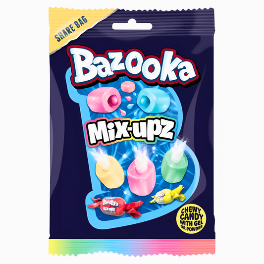 Bazooka Mix-Upz Share Bags 140g Verpackung

Bazooka Mix-Upz Kaubonbon Mix amerikanische Süßigkeiten

Bazooka Mix-Upz Share Bag fruchtige Chewy Candy Mischung

Bazooka Mix-Upz Candy Mix 140g Nahaufnahme

Bazooka Mix-Upz Share Bag USA Import Süßigkeiten
