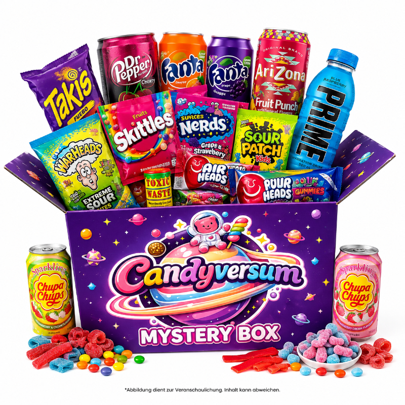 Candyversum Mystery Box mit internationalen Süßigkeiten, Snacks und Getränken auf weißem Hintergrund. Bunte Überraschungsbox mit großer Produktauswahl.
