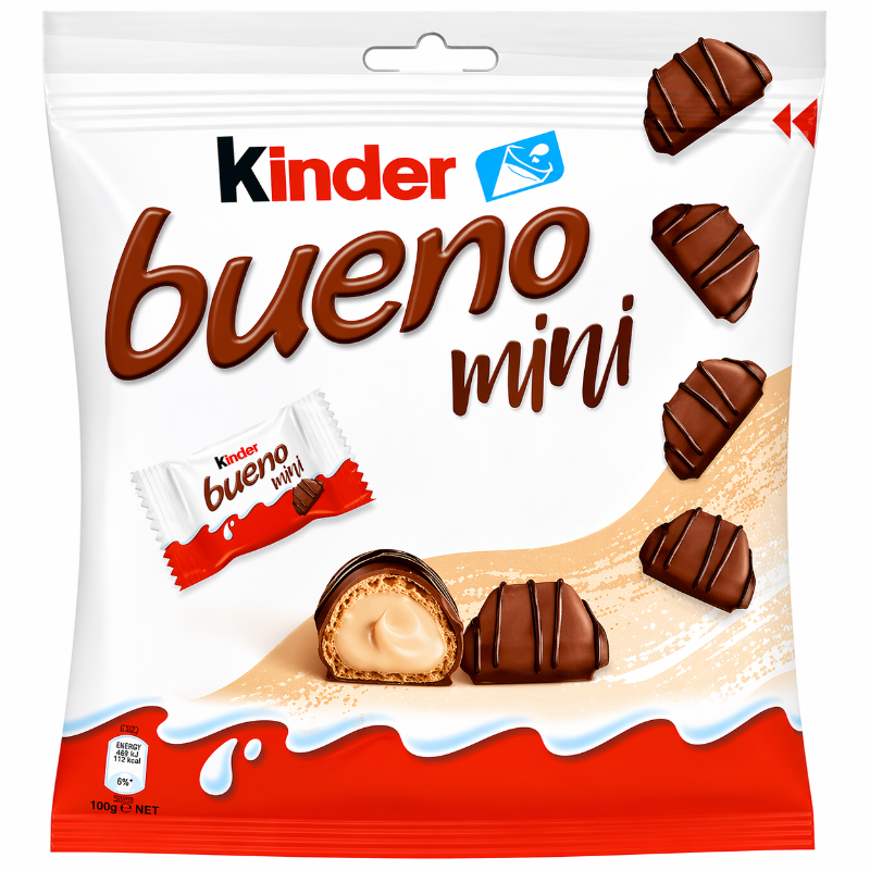 Kinder Bueno Mini 108g kaufen
Kinder Bueno Minis Schokolade Haselnuss
Kinder Bueno kleine Riegel Snack
Bueno Mini Ferrero 108g Packung