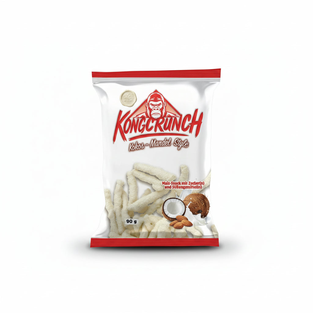 Kongcrunch Kokos-Mandel Style Beutel 90g Verpackung Vorderseite

Kongcrunch Kokos Mandel Style knuspriger Snack 90g

Kongcrunch Kokos Mandel Style Crunch Snack Nahaufnahme

Kongcrunch Kokos Mandel Snack 90g Produktbild