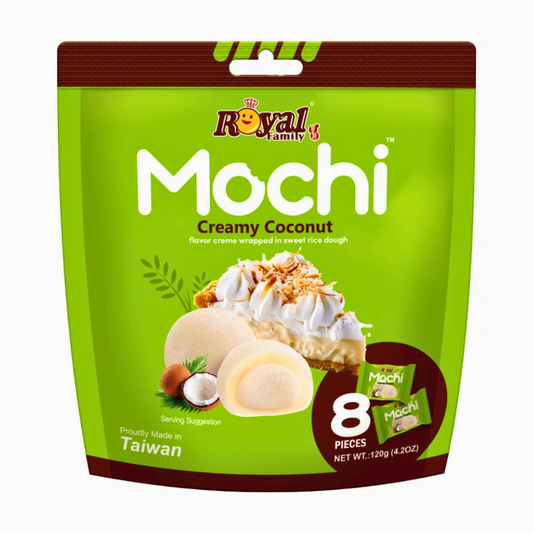 Royal Mochi Creamy Coconut Flavour 120g Verpackung

Royal Mochi Kokos Reiskuchen asiatisches Dessert

Royal Mochi Coconut Mochi mit Kokosfüllung

Royal Mochi Creamy Coconut asiatische Süßigkeit

Royal Mochi Coconut Mochi Verpackung Vorderseite 🥥