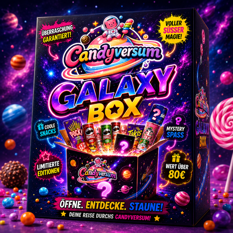 Candyversum Galaxy Box Mystery Box mit internationalen Snacks, Süßigkeiten und Getränken. Bunte Galaxy-Verpackung mit Überraschungsprodukten, limitierten Editionen und einem Warenwert von über 80 Euro.