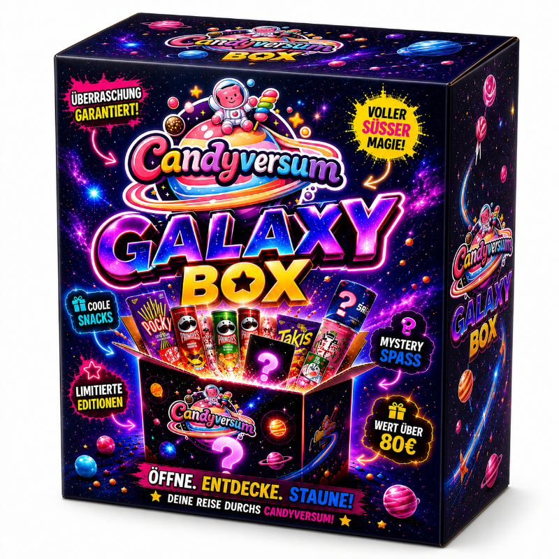 Candyversum Galaxy Box Überraschungsbox mit seltenen Snacks, Candy, Chips und Getränken im Weltraum-Design.