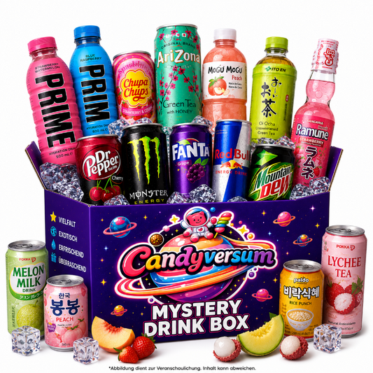 Candyversum Mystery Drink Box mit asiatischen Getränken, Softdrinks, Energy Drinks und Überraschungsinhalt auf weißem Hintergrund.