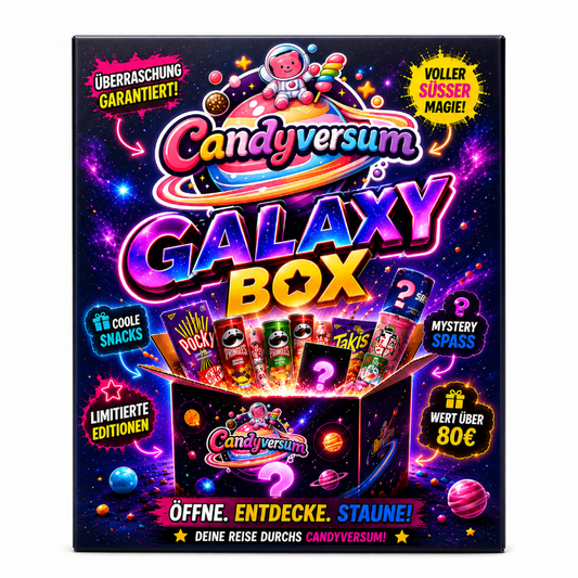 Galaxy Box Mystery Box von Candyversum mit internationalen Süßigkeiten, Chips, Getränken und limitierten Snacks aus aller Welt.