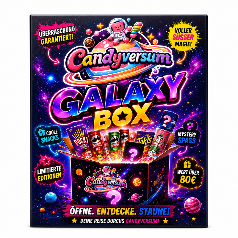 Galaxy Box Mystery Box von Candyversum mit internationalen Süßigkeiten, Chips, Getränken und limitierten Snacks aus aller Welt.