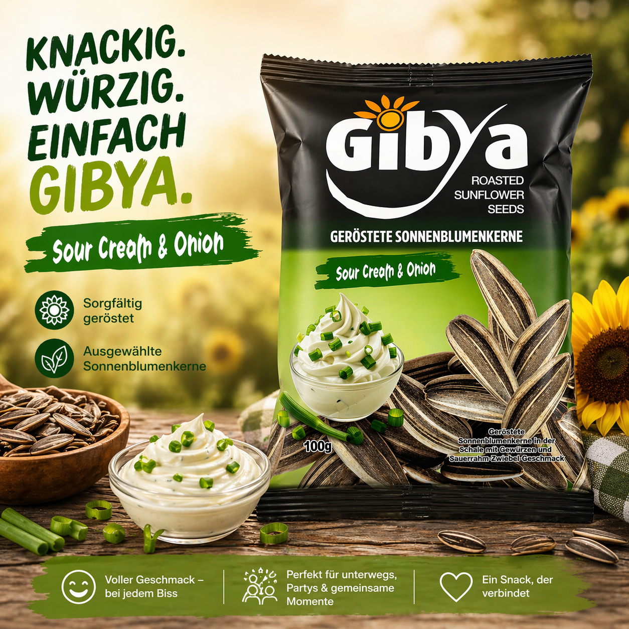 Sonnenblumenkerne Snack mit Sour Cream Dip und Frühlingszwiebeln – Gibya geröstete Kerne in natürlicher Outdoor Szene