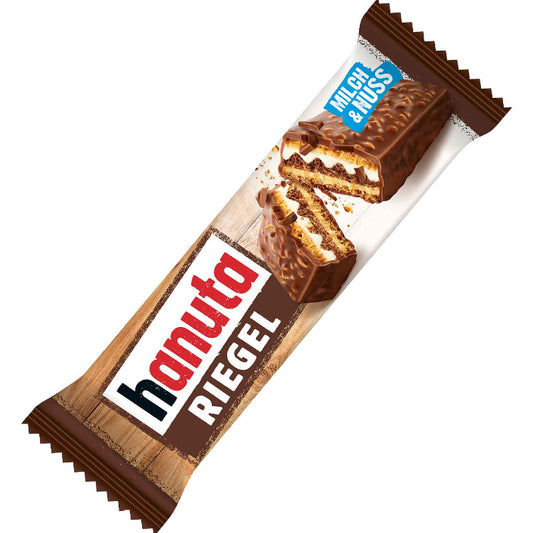 Hanuta Riegel 34,5g knuspriger Waffel Snack Haselnuss
Hanuta Riegel geöffnet mit cremiger Haselnussfüllung
Ferrero Hanuta Riegel Snack für unterwegs
Hanuta Waffelriegel kaufen 34,5g Süßigkeit